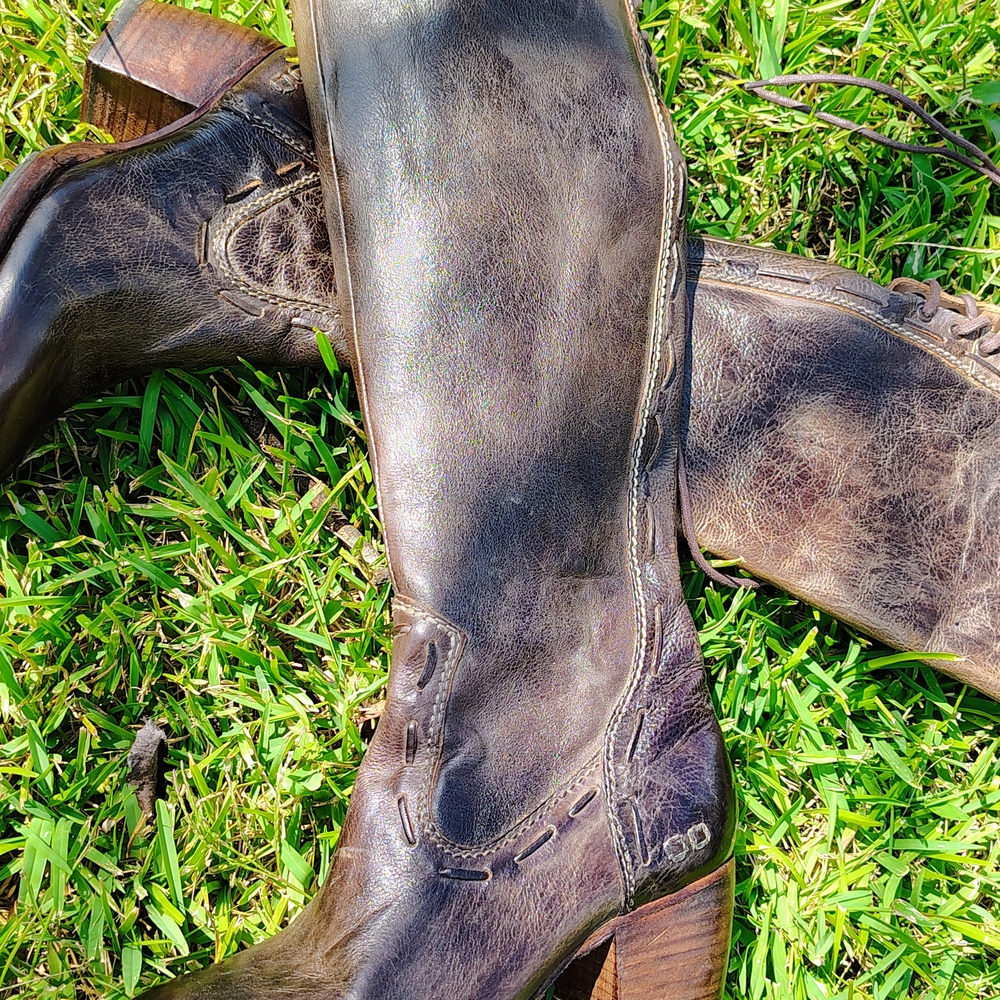 Brand New Brown Leather Bed Stu Knee-High Boots
